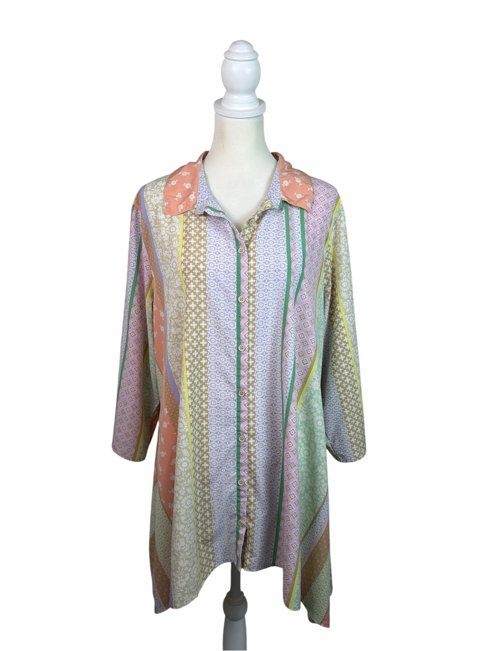Melissa Paige Woman Patchwork Floral Button Front Tunic Blouse Plus Size Pastel